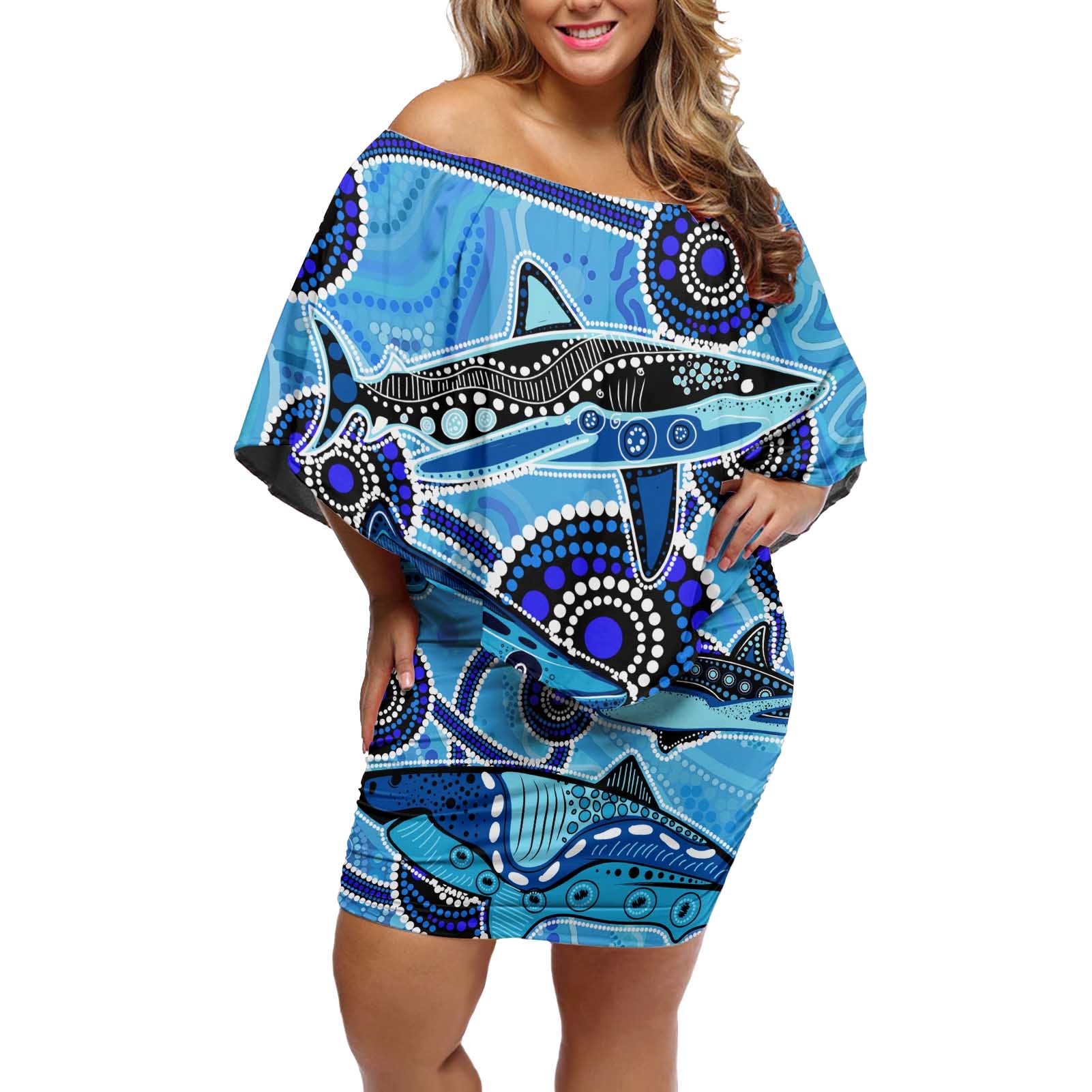 Sharks Aboriginal Australia Off Shoulder Short Dress Indigenous Art Blue