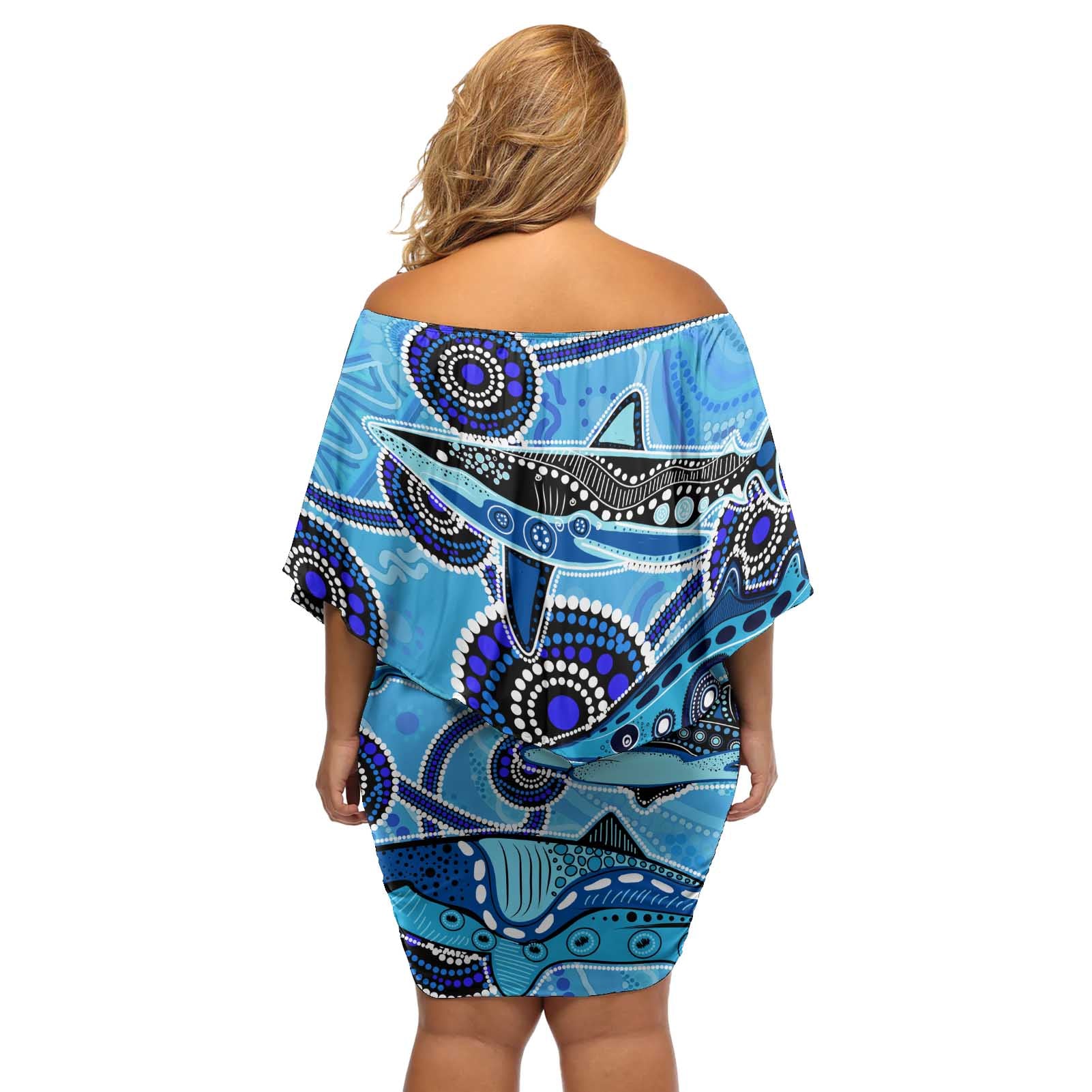 Sharks Aboriginal Australia Off Shoulder Short Dress Indigenous Art Blue