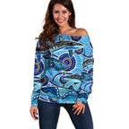 Sharks Aboriginal Australia Off Shoulder Sweater Indigenous Art Blue