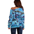 Sharks Aboriginal Australia Off Shoulder Sweater Indigenous Art Blue
