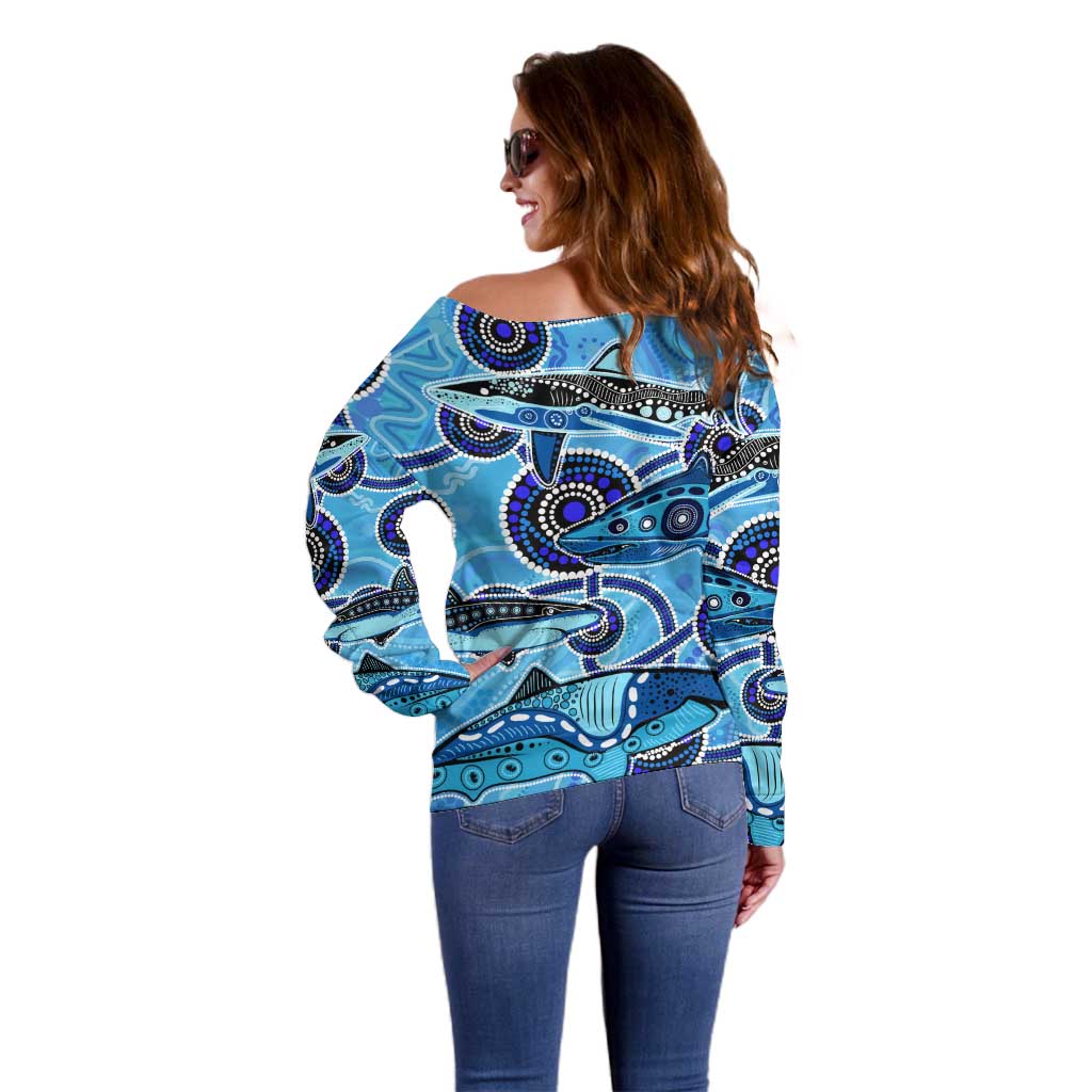 Sharks Aboriginal Australia Off Shoulder Sweater Indigenous Art Blue