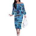Sharks Aboriginal Australia Off The Shoulder Long Sleeve Dress Indigenous Art Blue