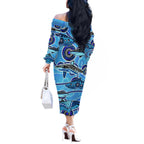 Sharks Aboriginal Australia Off The Shoulder Long Sleeve Dress Indigenous Art Blue