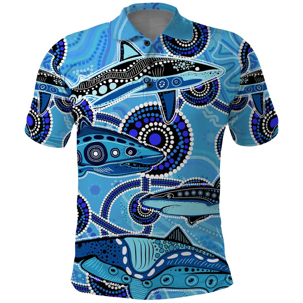Sharks Aboriginal Australia Polo Shirt Indigenous Art Blue