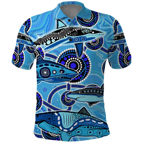 Sharks Aboriginal Australia Polo Shirt Indigenous Art Blue