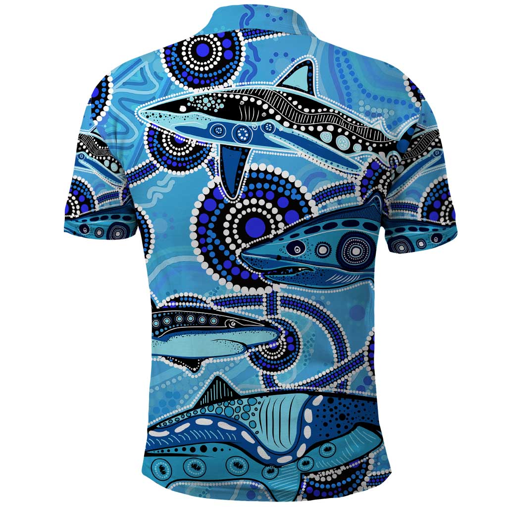 Sharks Aboriginal Australia Polo Shirt Indigenous Art Blue