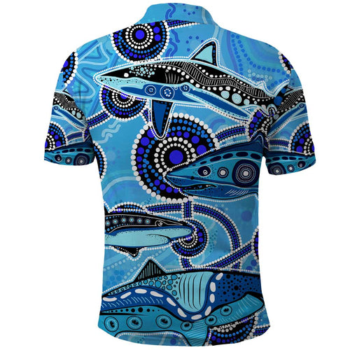 Sharks Aboriginal Australia Polo Shirt Indigenous Art Blue