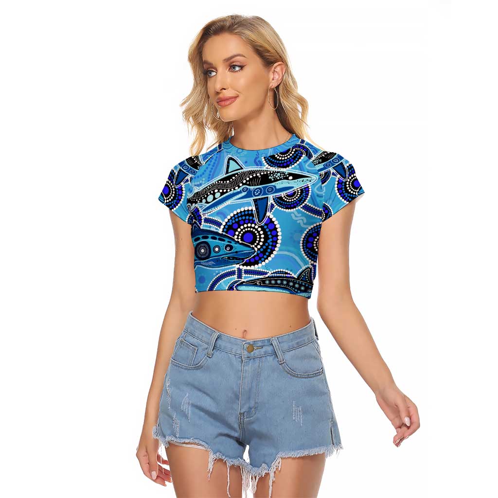 Sharks Aboriginal Australia Raglan Cropped T Shirt Indigenous Art Blue