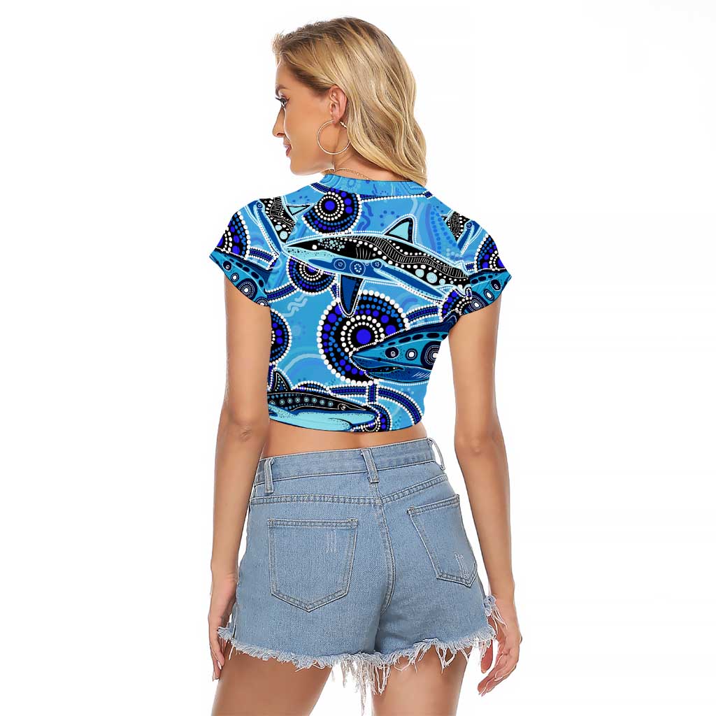 Sharks Aboriginal Australia Raglan Cropped T Shirt Indigenous Art Blue