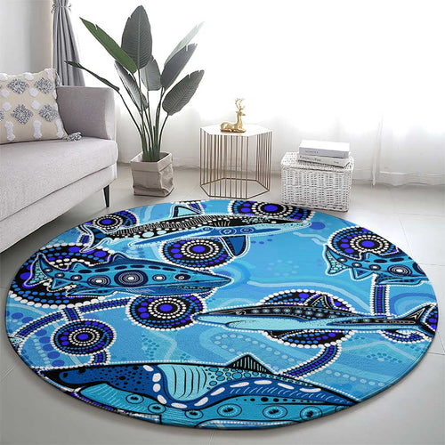 Sharks Aboriginal Australia Round Carpet Indigenous Art Blue