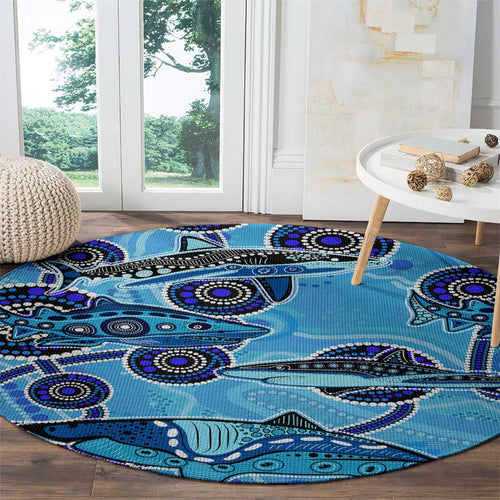 Sharks Aboriginal Australia Round Carpet Indigenous Art Blue