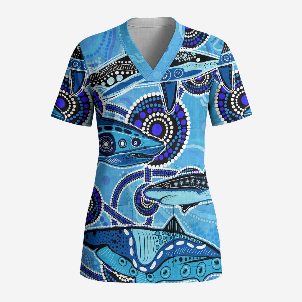 Sharks Aboriginal Australia Scrub Top Indigenous Art Blue - Aussie Hoodie