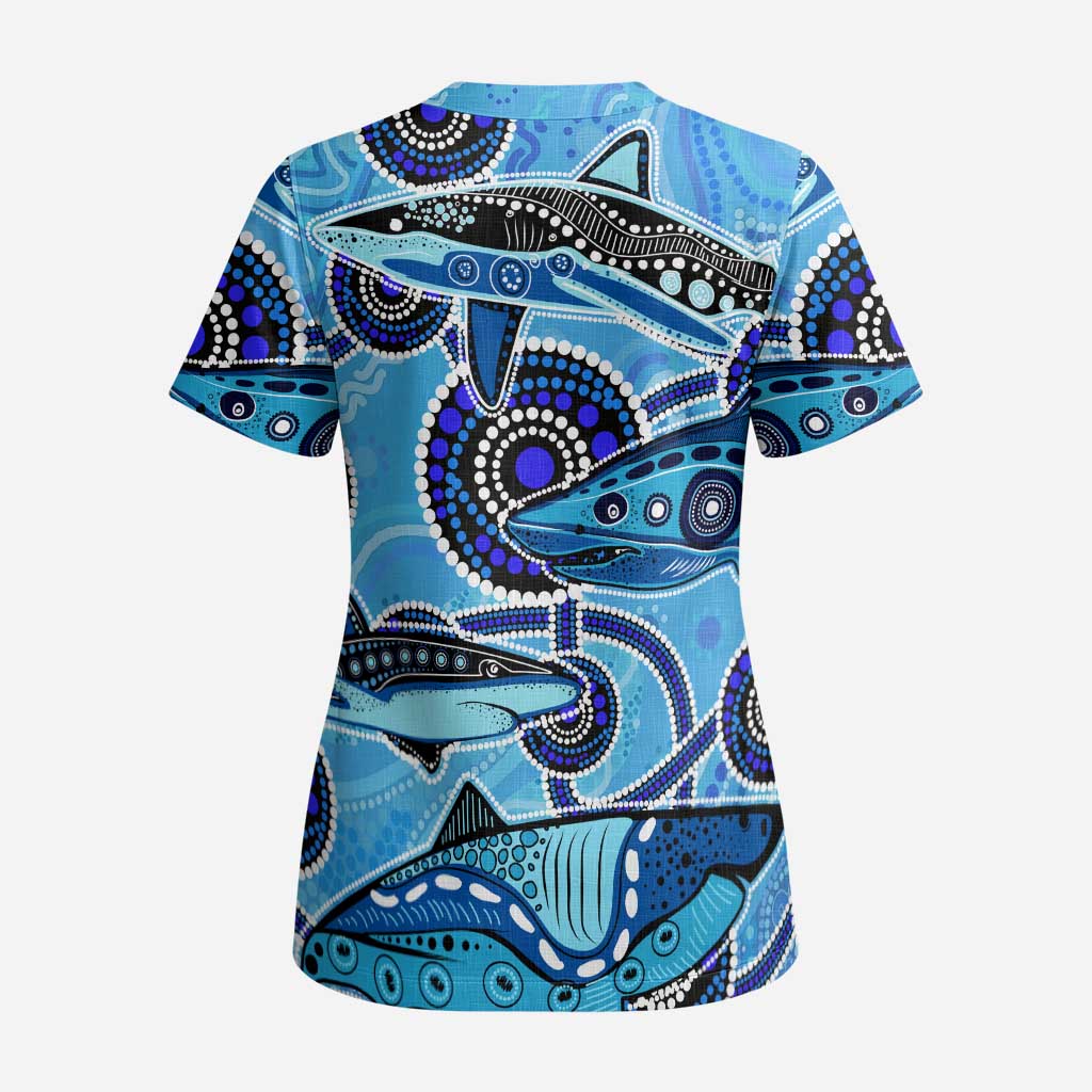 Sharks Aboriginal Australia Scrub Top Indigenous Art Blue - Aussie Hoodie