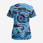 Sharks Aboriginal Australia Scrub Top Indigenous Art Blue - Aussie Hoodie