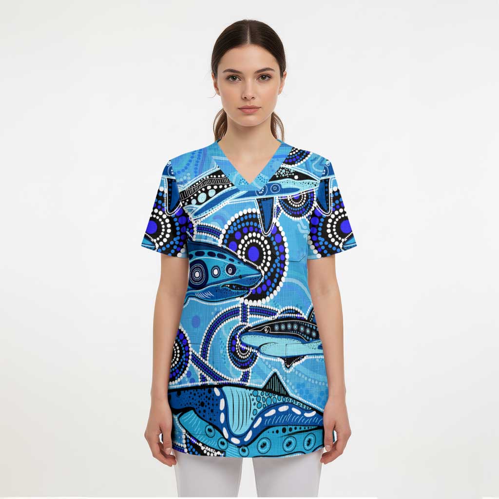 Sharks Aboriginal Australia Scrub Top Indigenous Art Blue - Aussie Hoodie