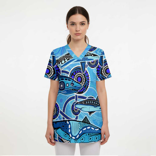 Sharks Aboriginal Australia Scrub Top Indigenous Art Blue - Aussie Hoodie