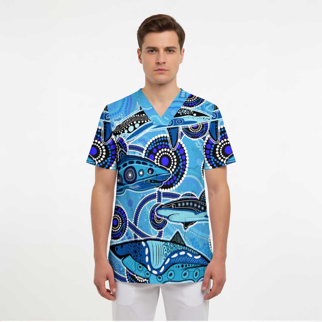 Sharks Aboriginal Australia Scrub Top Indigenous Art Blue - Aussie Hoodie
