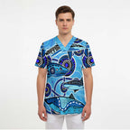 Sharks Aboriginal Australia Scrub Top Indigenous Art Blue - Aussie Hoodie