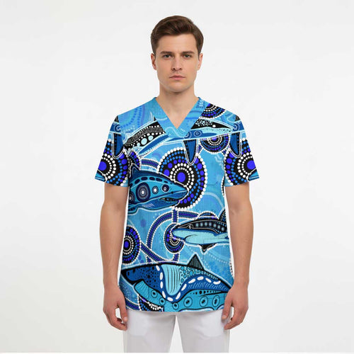 Sharks Aboriginal Australia Scrub Top Indigenous Art Blue - Aussie Hoodie