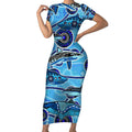Sharks Aboriginal Australia Short Sleeve Bodycon Dress Indigenous Art Blue