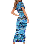 Sharks Aboriginal Australia Short Sleeve Bodycon Dress Indigenous Art Blue