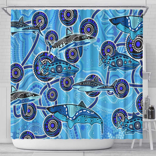 Sharks Aboriginal Australia Shower Curtain Indigenous Art Blue