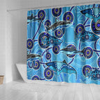Sharks Aboriginal Australia Shower Curtain Indigenous Art Blue