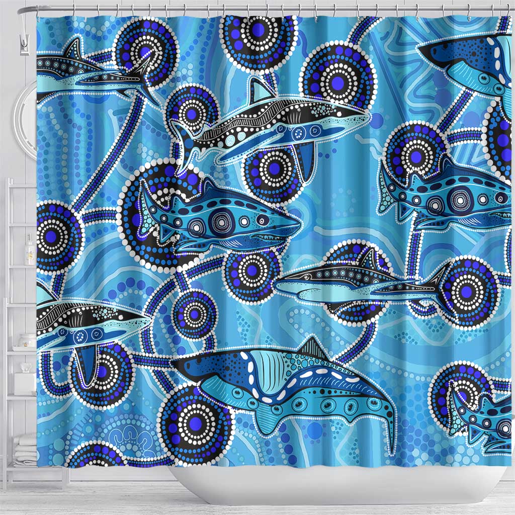 Sharks Aboriginal Australia Shower Curtain Indigenous Art Blue