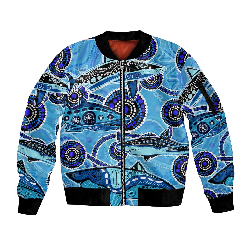 Sharks Aboriginal Australia Sleeve Zip Bomber Jacket Indigenous Art Blue