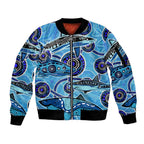 Sharks Aboriginal Australia Sleeve Zip Bomber Jacket Indigenous Art Blue