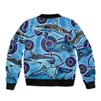 Sharks Aboriginal Australia Sleeve Zip Bomber Jacket Indigenous Art Blue