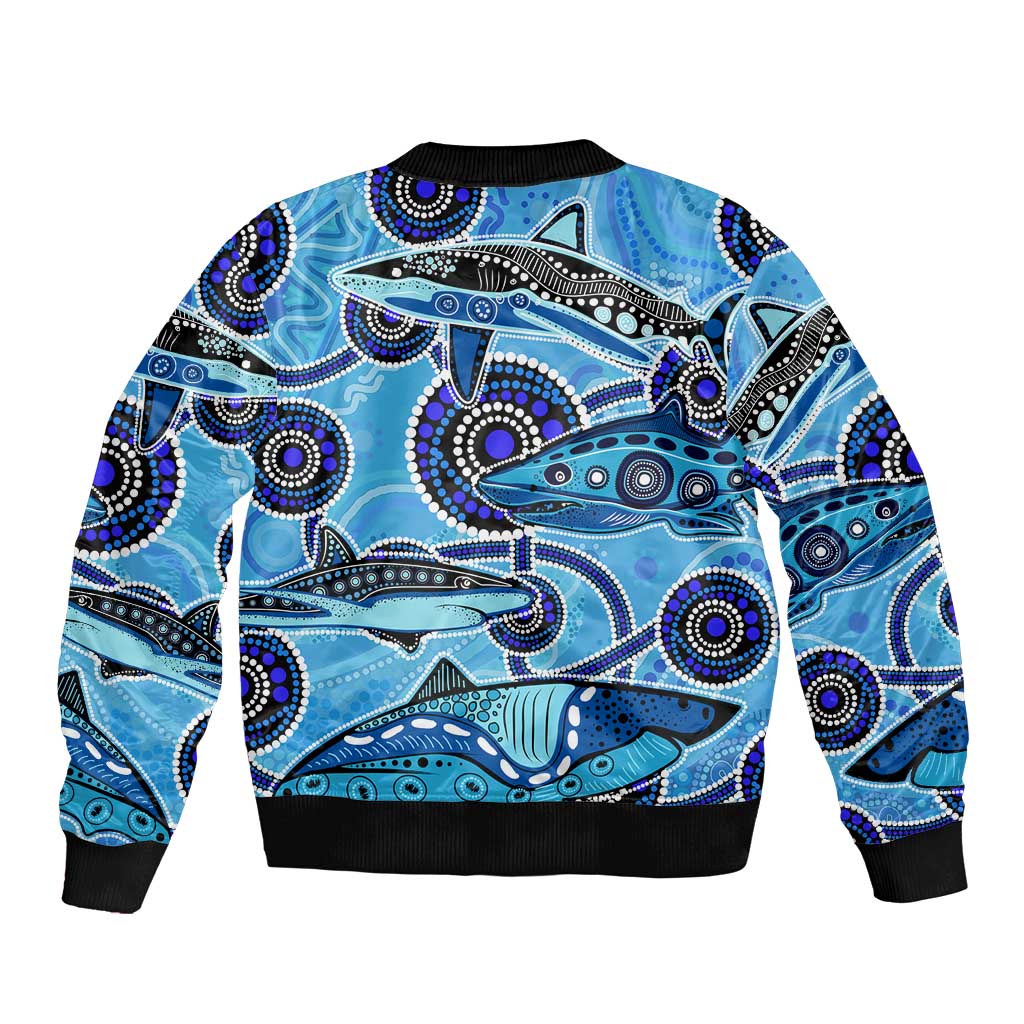 Sharks Aboriginal Australia Sleeve Zip Bomber Jacket Indigenous Art Blue