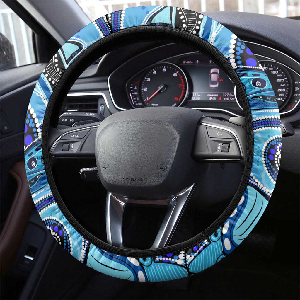 Sharks Aboriginal Australia Steering Wheel Cover Indigenous Art Blue