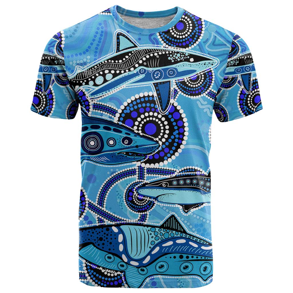 Sharks Aboriginal Australia T Shirt Indigenous Art Blue