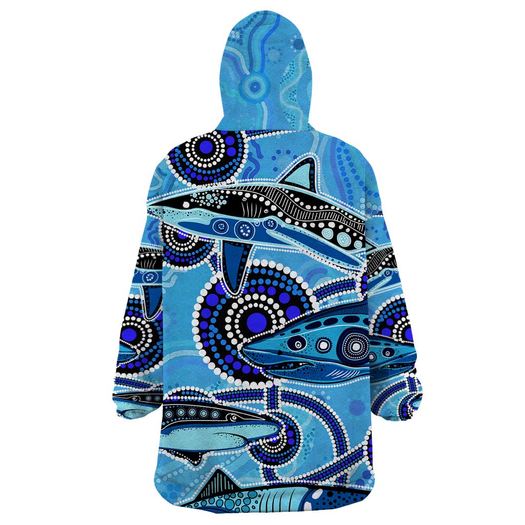 Sharks Aboriginal Australia Wearable Blanket Hoodie Indigenous Art Blue