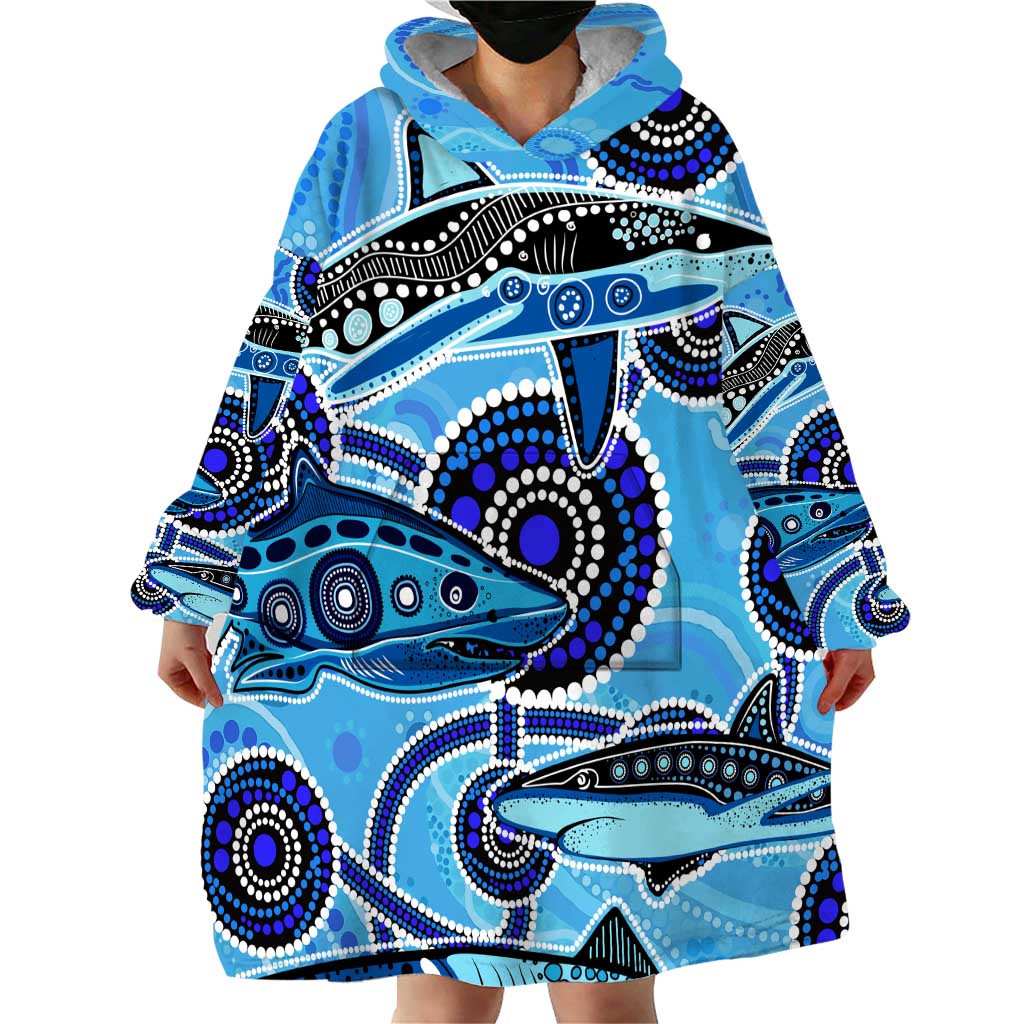 Sharks Aboriginal Australia Wearable Blanket Hoodie Indigenous Art Blue