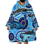 Sharks Aboriginal Australia Wearable Blanket Hoodie Indigenous Art Blue