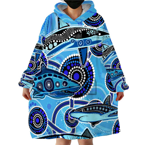 Sharks Aboriginal Australia Wearable Blanket Hoodie Indigenous Art Blue