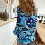Sharks Aboriginal Australia Women Casual Shirt Indigenous Art Blue