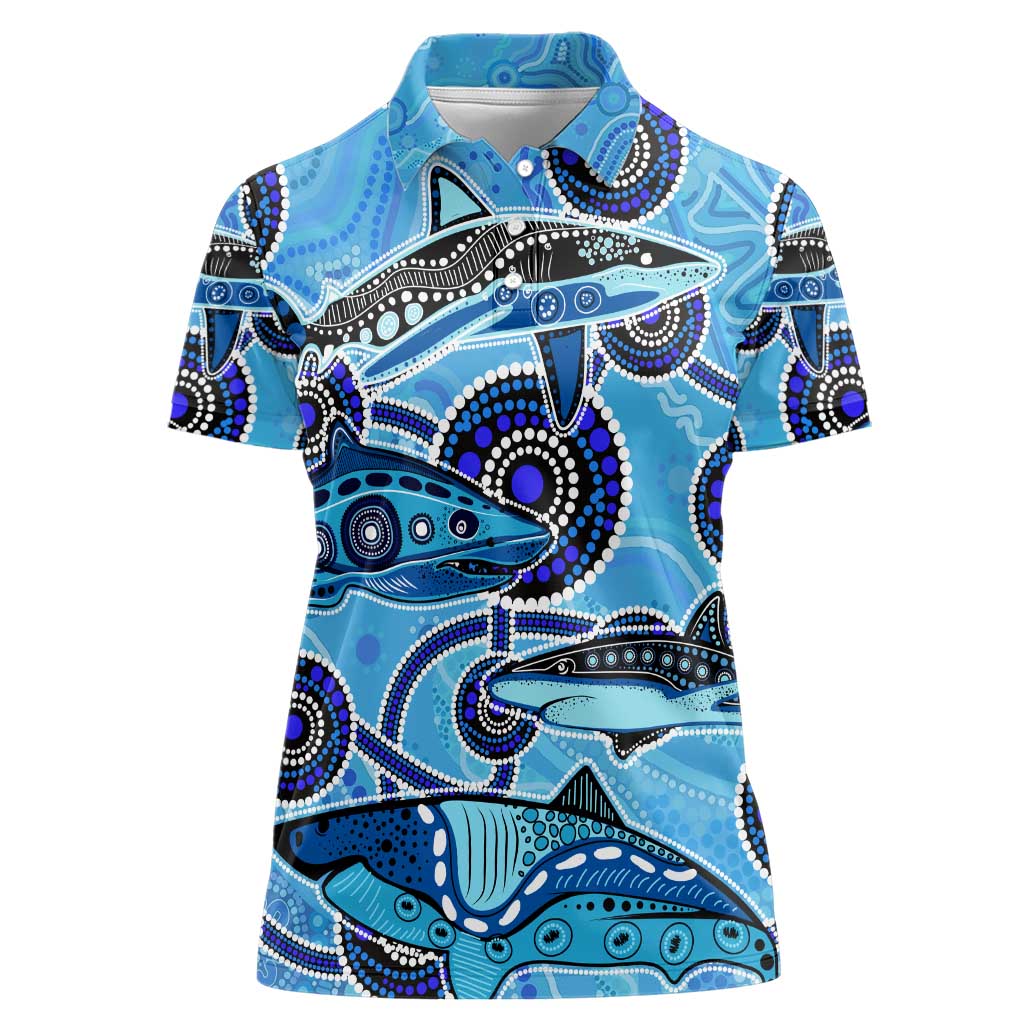 Sharks Aboriginal Australia Women Polo Shirt Indigenous Art Blue