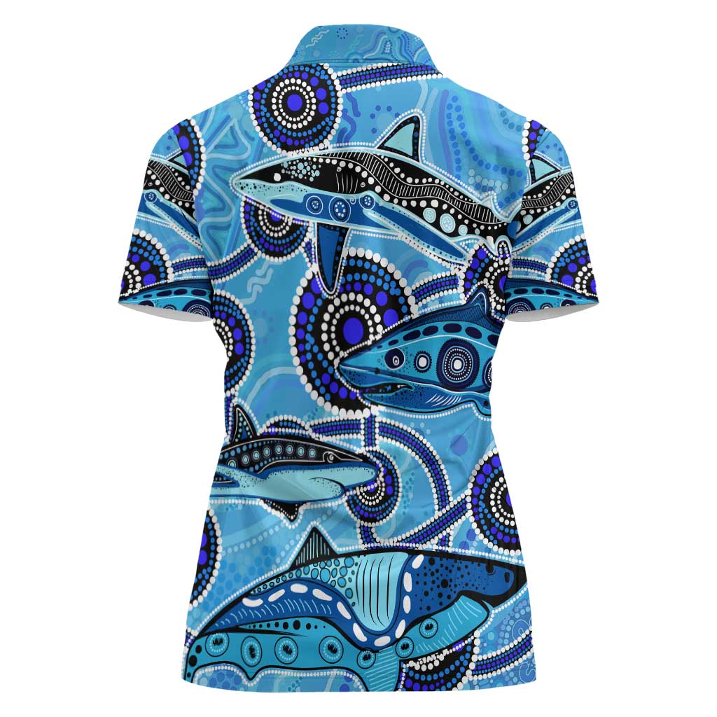 Sharks Aboriginal Australia Women Polo Shirt Indigenous Art Blue