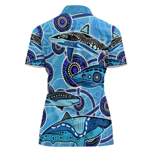 Sharks Aboriginal Australia Women Polo Shirt Indigenous Art Blue