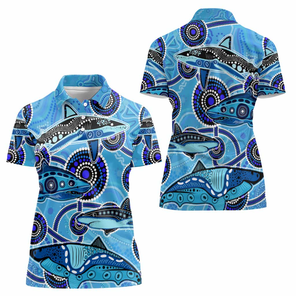 Sharks Aboriginal Australia Women Polo Shirt Indigenous Art Blue