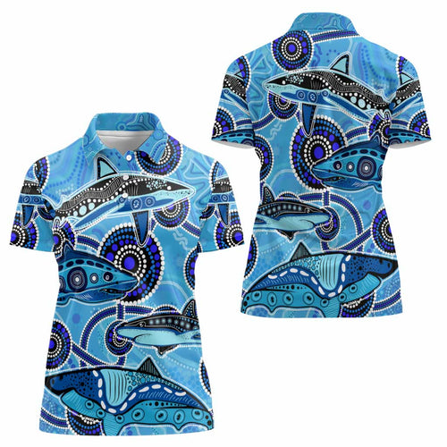 Sharks Aboriginal Australia Women Polo Shirt Indigenous Art Blue