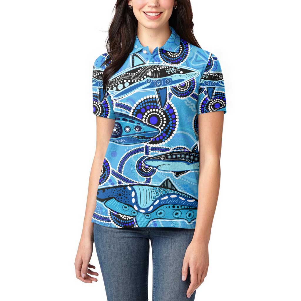 Sharks Aboriginal Australia Women Polo Shirt Indigenous Art Blue