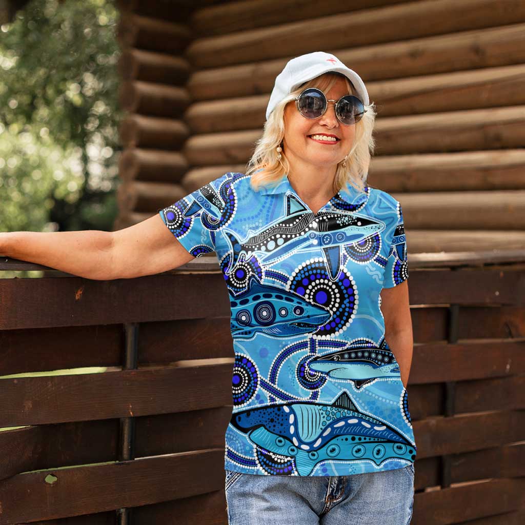 Sharks Aboriginal Australia Women Polo Shirt Indigenous Art Blue