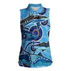Sharks Aboriginal Australia Women Sleeveless Polo Shirt Indigenous Art Blue