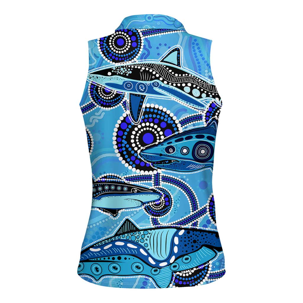 Sharks Aboriginal Australia Women Sleeveless Polo Shirt Indigenous Art Blue