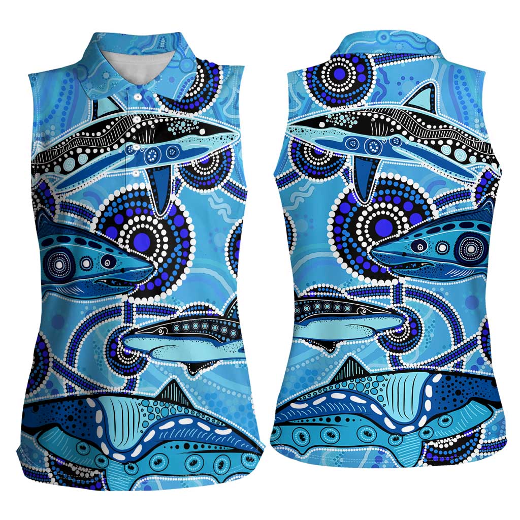 Sharks Aboriginal Australia Women Sleeveless Polo Shirt Indigenous Art Blue