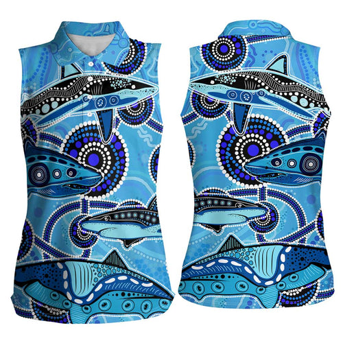 Sharks Aboriginal Australia Women Sleeveless Polo Shirt Indigenous Art Blue